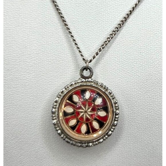 Double-Sided Silver Pendant Necklace With Enamel Peacock & Red Floral Design - Picture 2 of 4